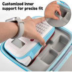 Custom molded interior holding a compact label maker securely in the carrying case