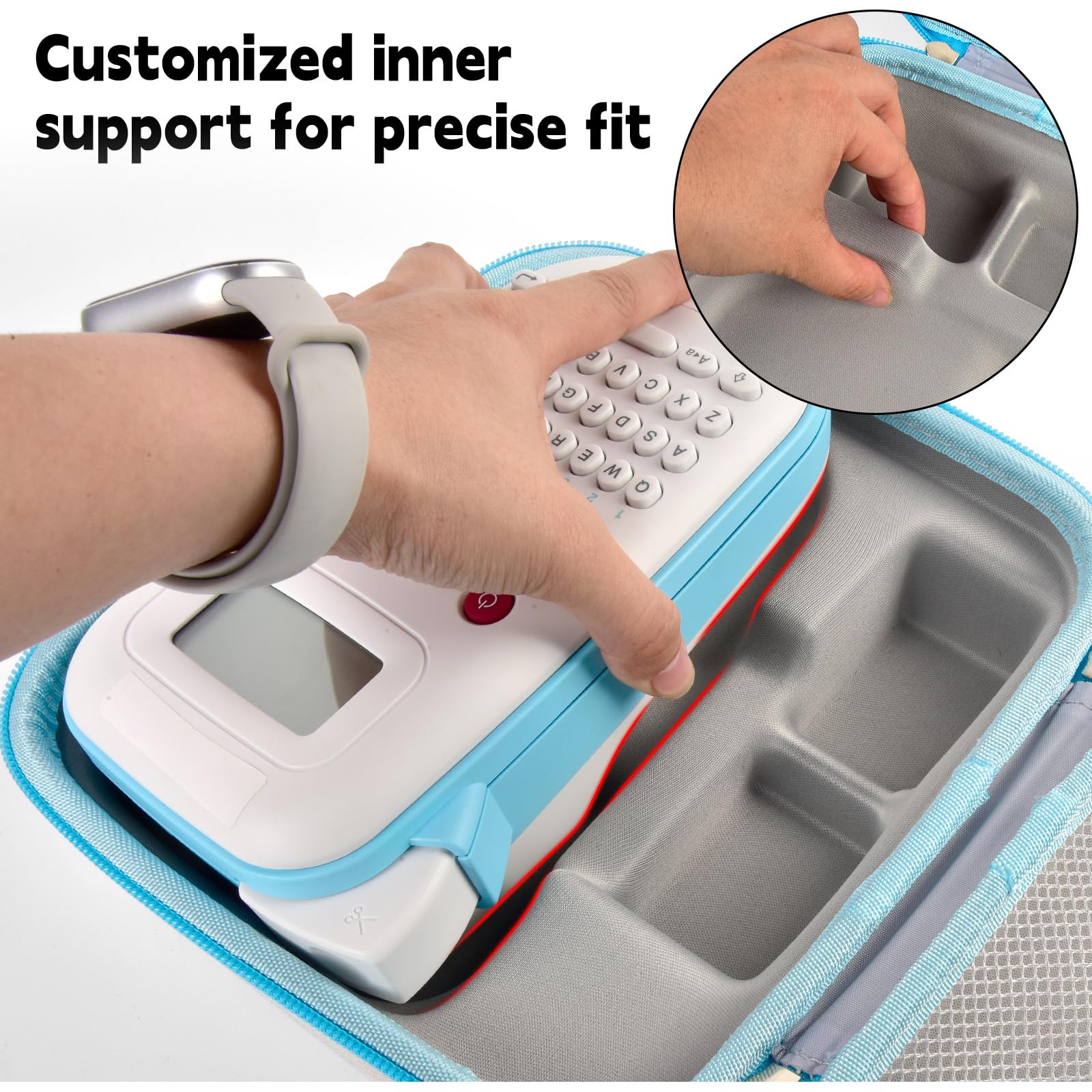Custom molded interior holding a compact label maker securely in the carrying case