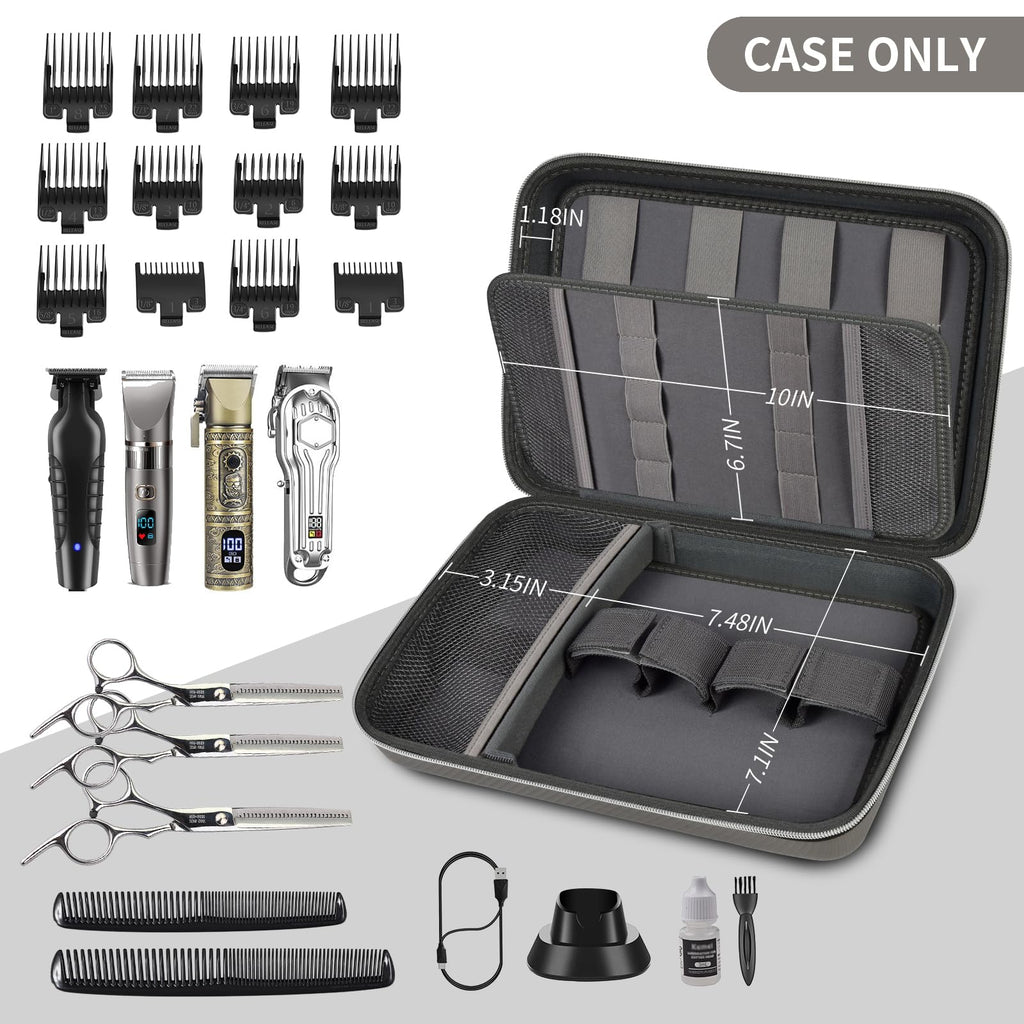 Open gray professional clipper case with elastic tool loops and grooming accessories; case only