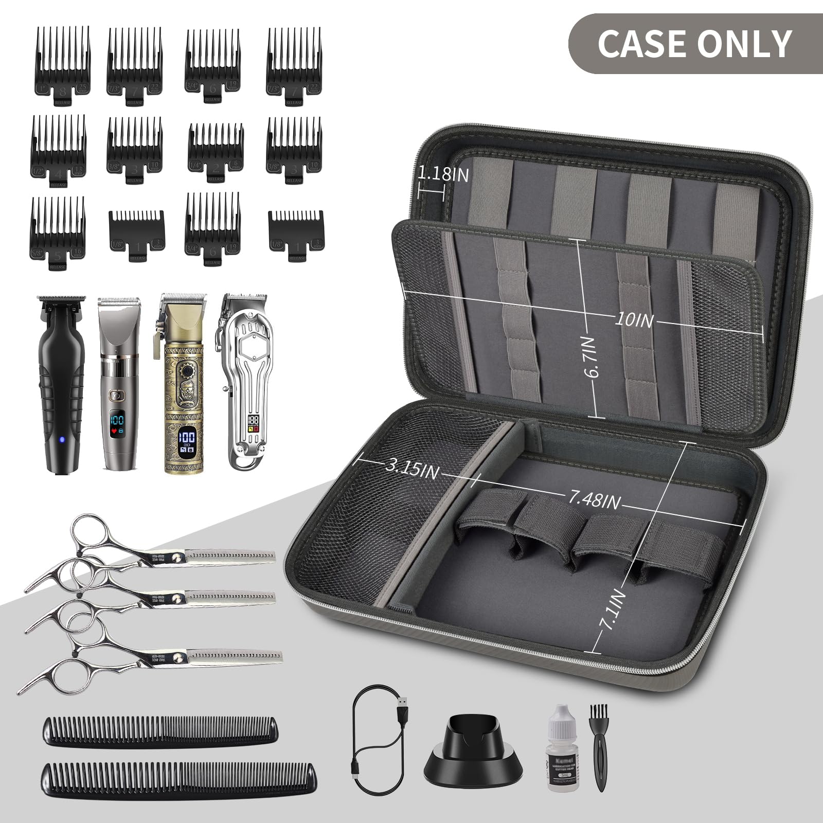 Open gray professional clipper case with elastic tool loops and grooming accessories; case only