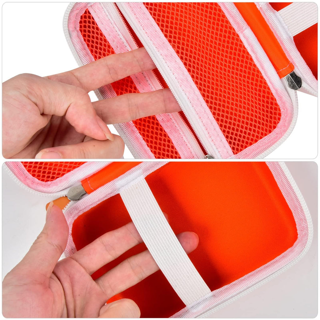 Orange case interior with elastic printer strap and mesh accessory pocket