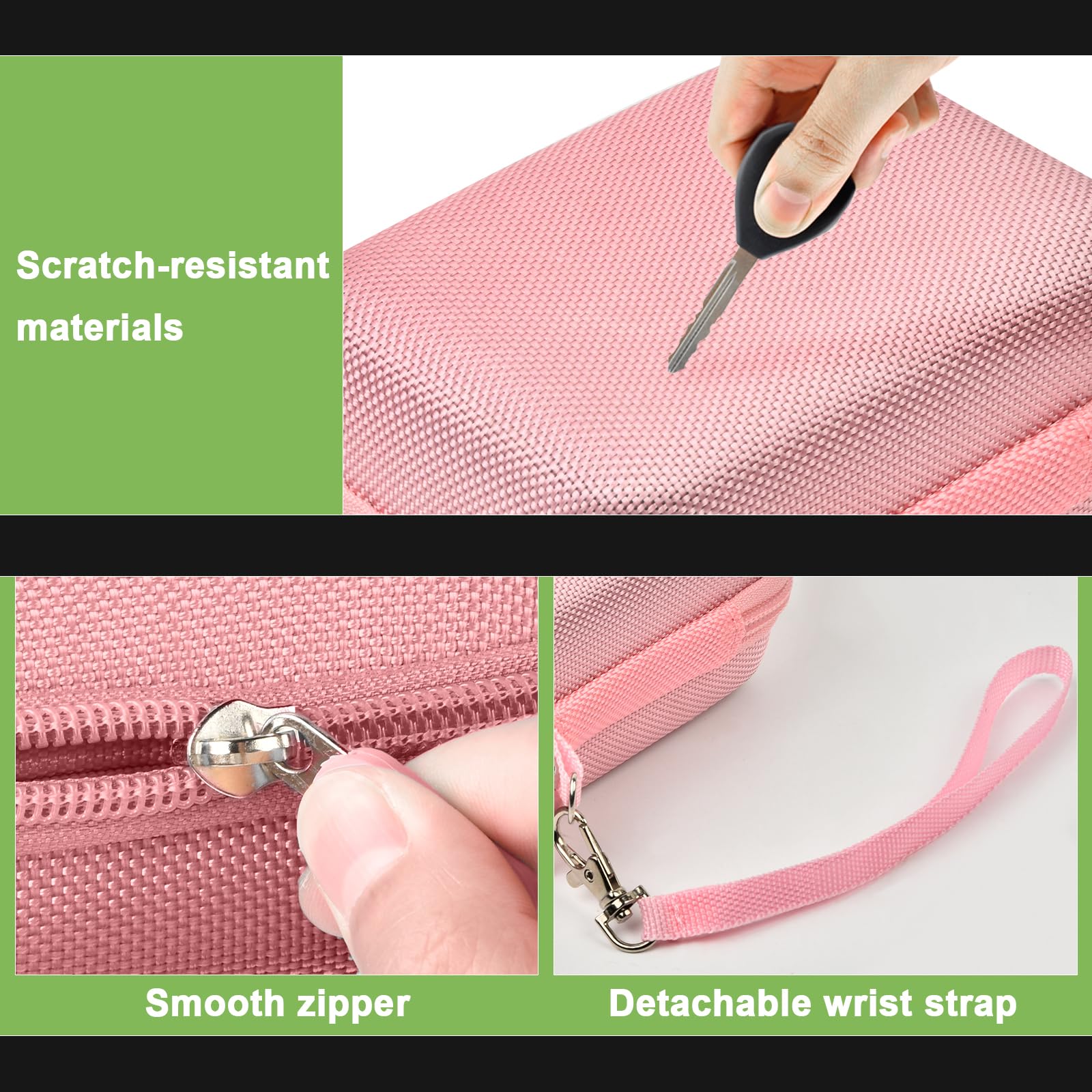 Pink protective digital camera case scratch-resistant shell, zipper and wrist strap detail