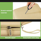 Beige protective digital camera case scratch-resistant shell, zipper and wrist strap detail