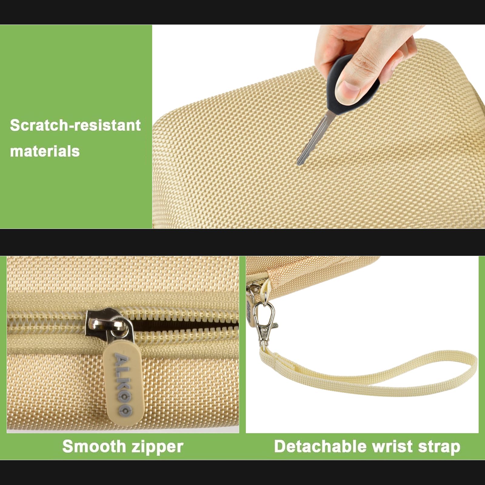 Beige protective digital camera case scratch-resistant shell, zipper and wrist strap detail