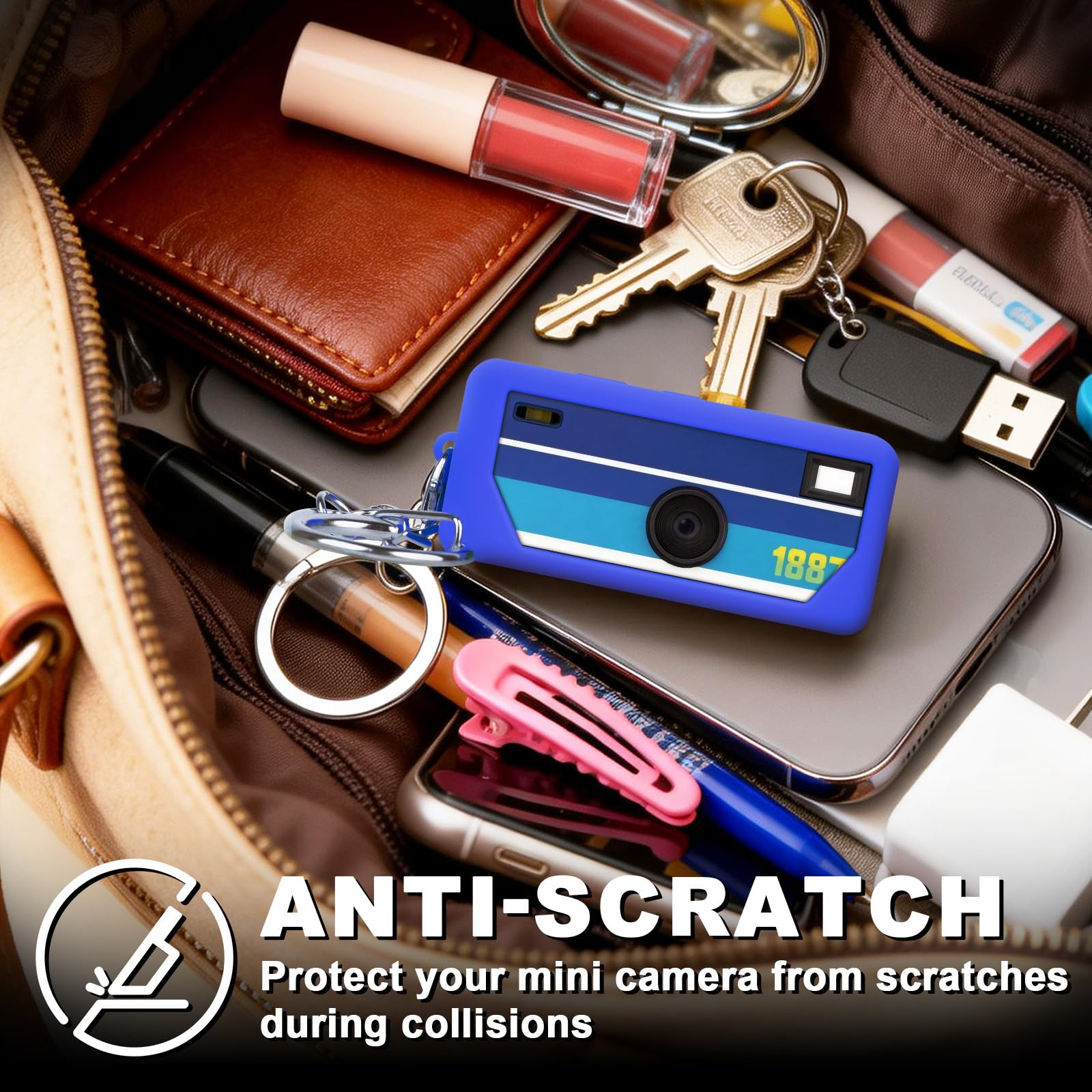 Blue with retro camera graphic silicone case for Kodak Charmera keychain camera anti-scratch protection shown inside a bag