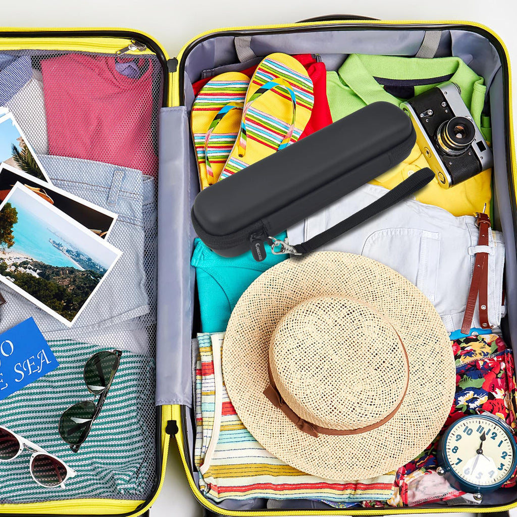 Black slim electric toothbrush case packed inside a suitcase