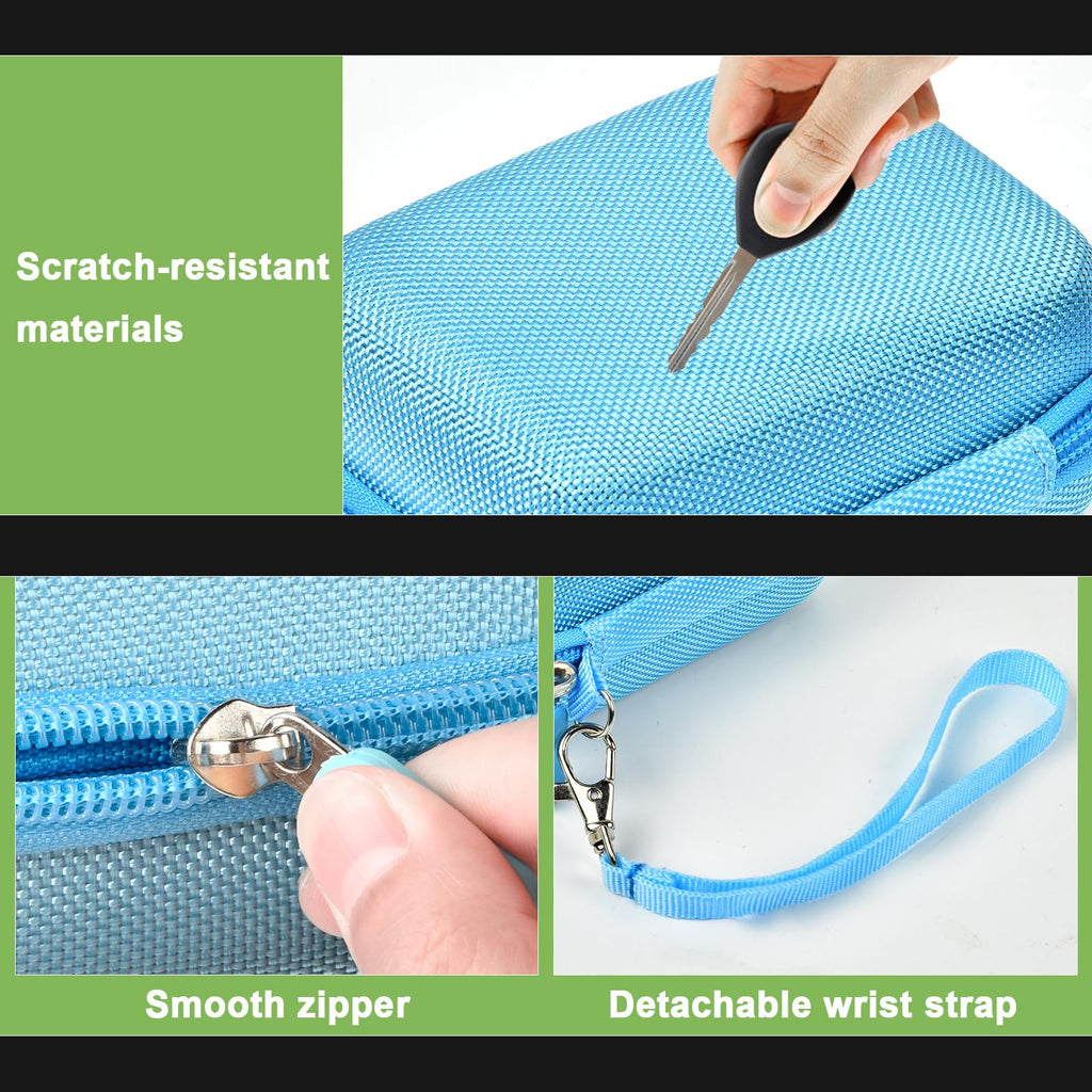 Blue protective digital camera case scratch-resistant shell, zipper and wrist strap detail