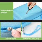 Blue protective digital camera case scratch-resistant shell, zipper and wrist strap detail