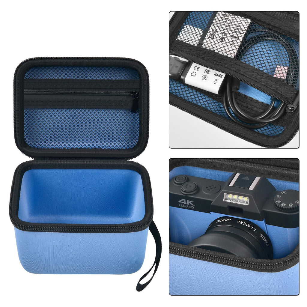 Blue camera organizer interior with mesh accessory pocket and padded divider