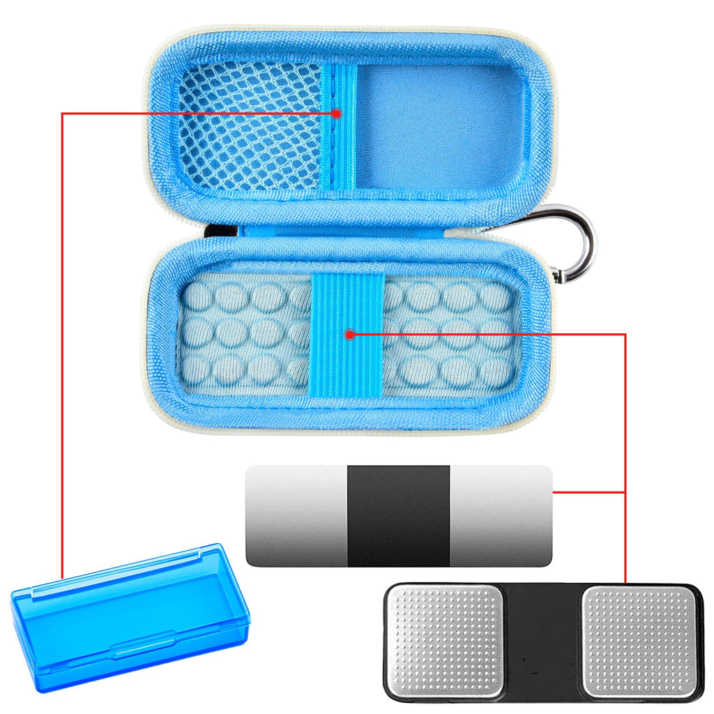 Open blue KardiaMobile case with mesh pocket, sensor area, and accessory compartments