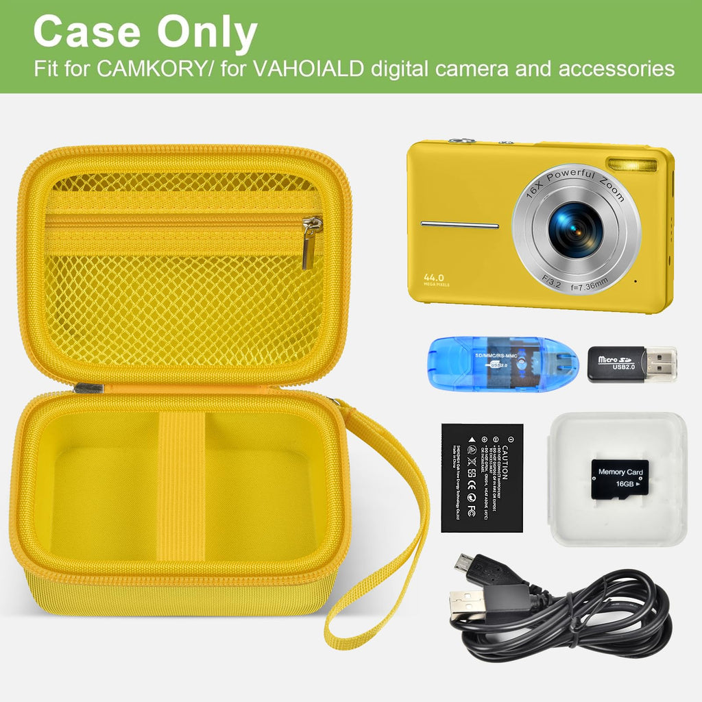 Yellow protective digital camera case shown open with compatible compact camera and accessories