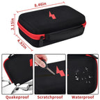 Black and red multimeter case dimensions with impact, scratch, and water-resistant protection