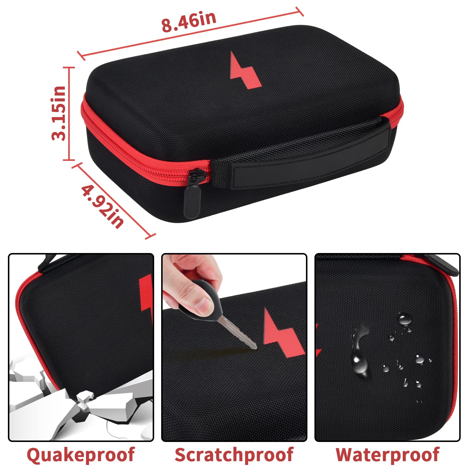Black and red multimeter case dimensions with impact, scratch, and water-resistant protection