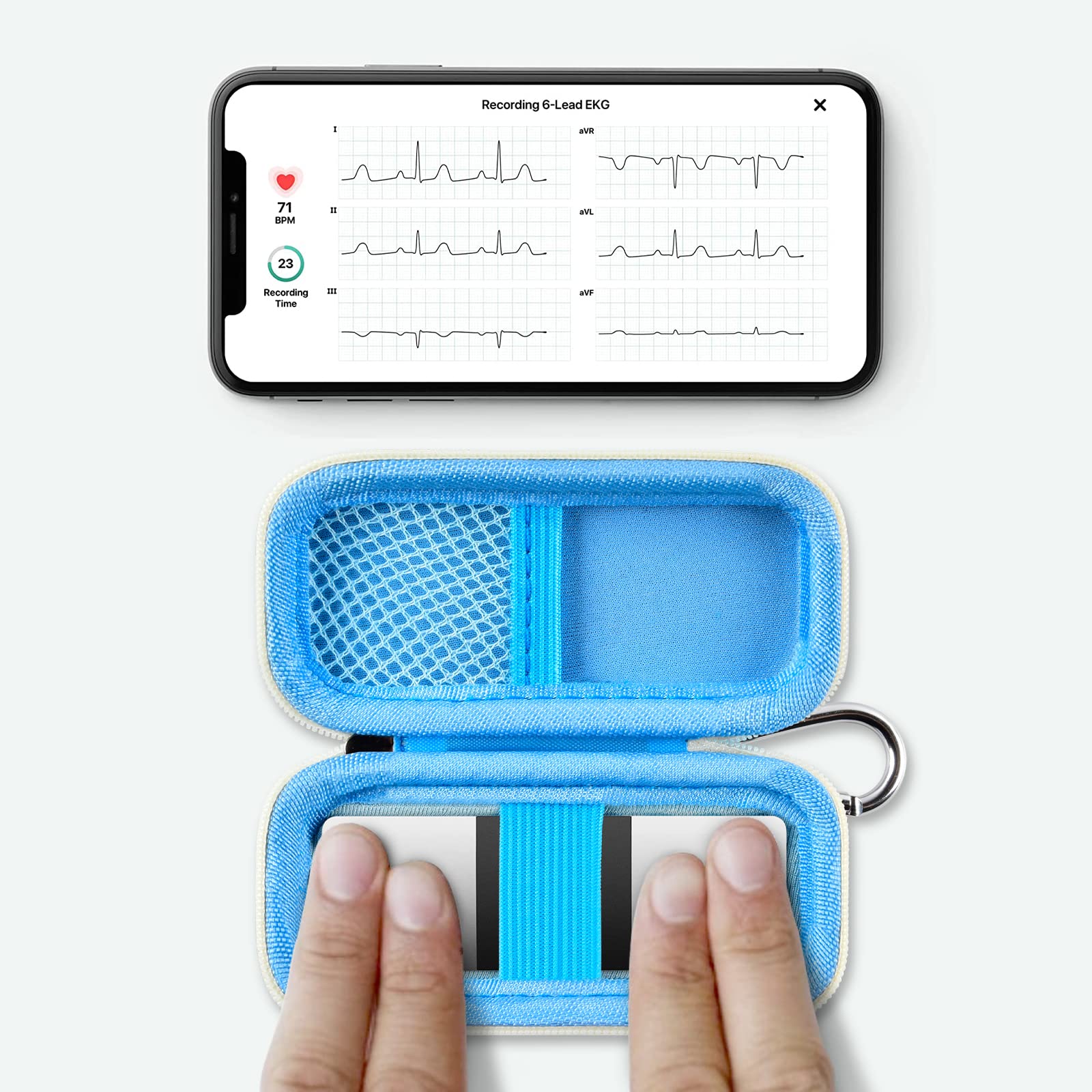 KardiaMobile 6L device used inside the open blue travel case without removal