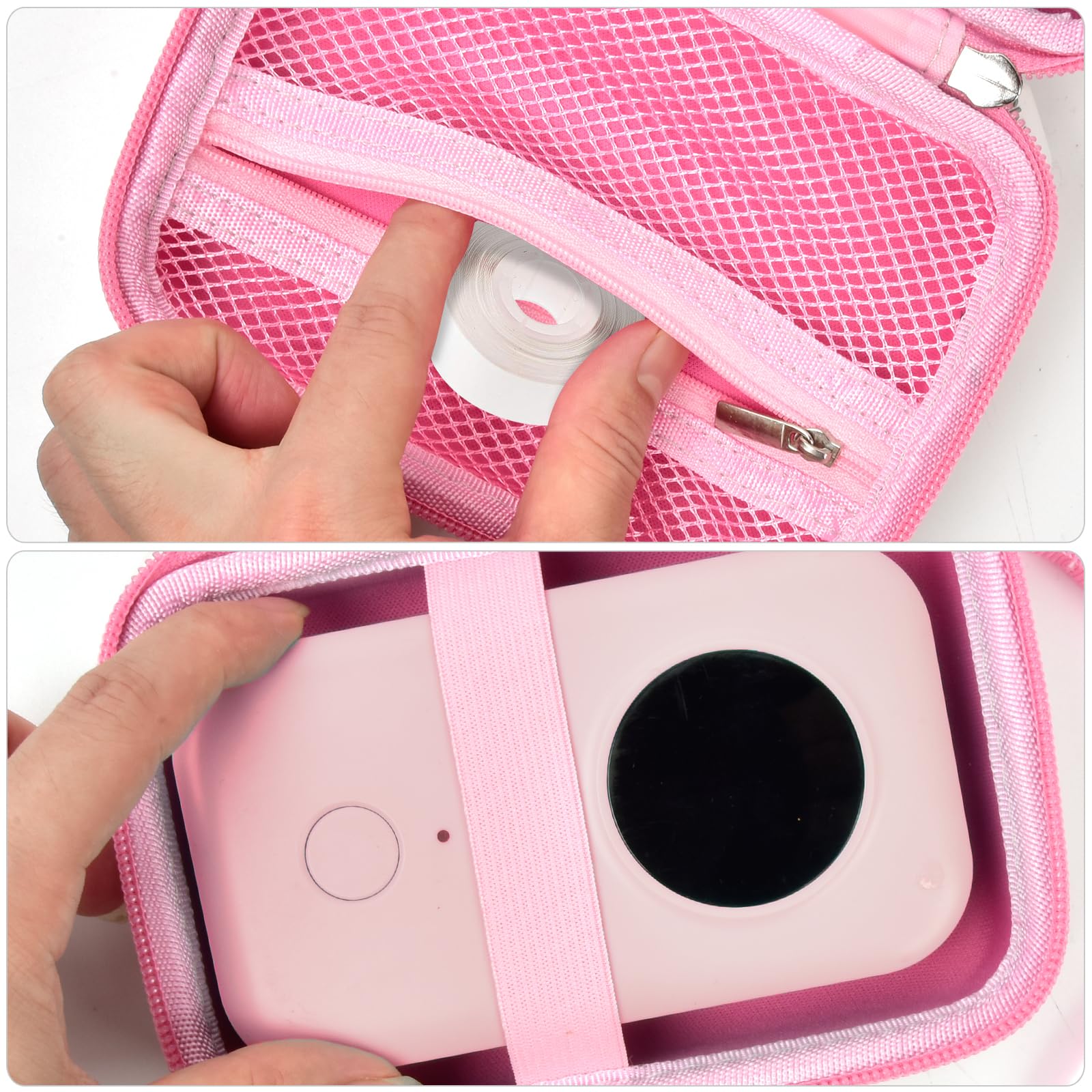 Heart-pattern case interior with elastic strap securing a mini label printer