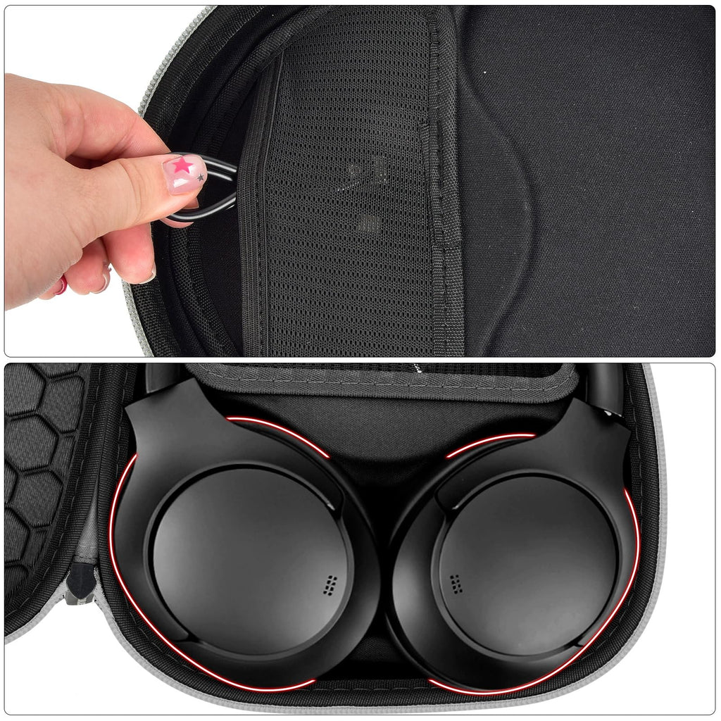 Black headphone case interior with mesh accessory pocket and folded headphones