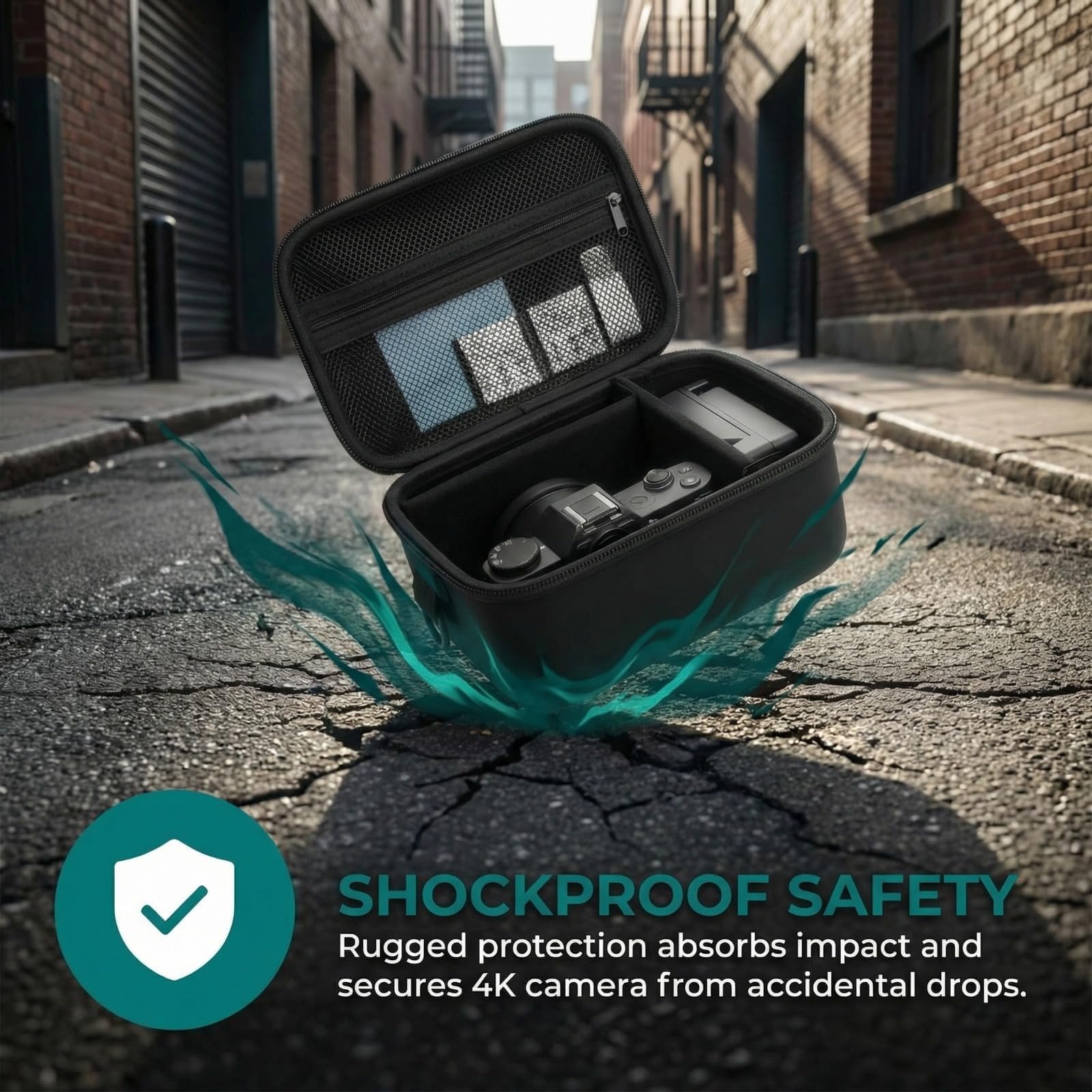 Black camera organizer demonstrating rugged shockproof safety