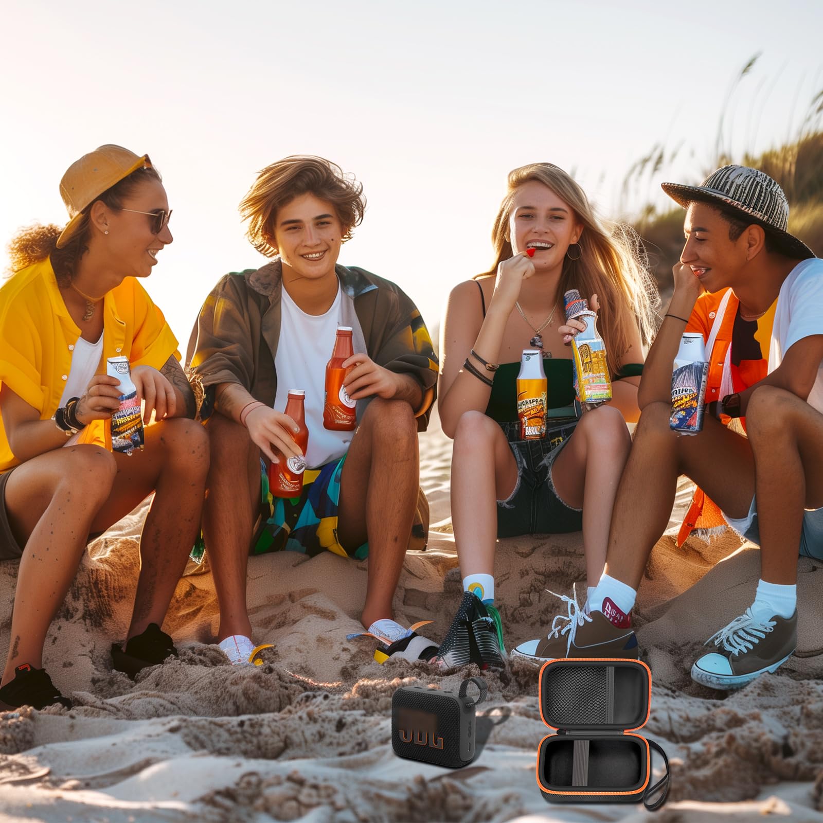 Friends using a JBL Go speaker with the open black and orange travel case at the beach