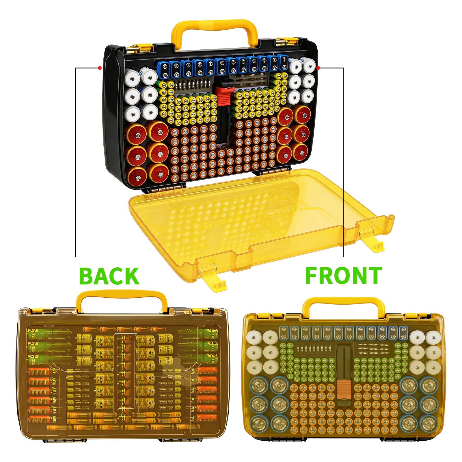 Yellow and black 269-slot battery organizer case double-sided front and back storage layout