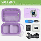 Lavender protective digital camera case shown open with compatible compact camera and accessories