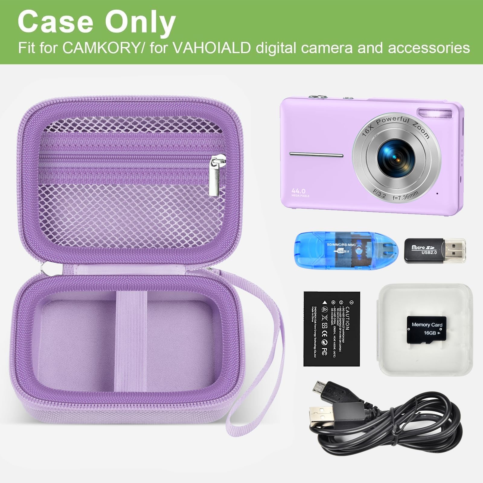 Lavender protective digital camera case shown open with compatible compact camera and accessories