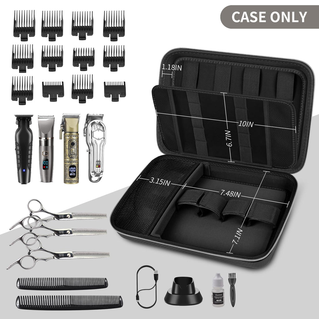 Open black professional clipper case with elastic tool loops and grooming accessories; case only
