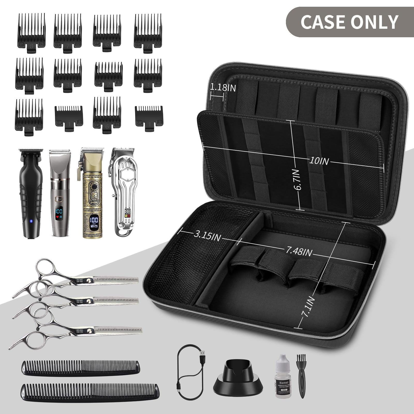 Open black professional clipper case with elastic tool loops and grooming accessories; case only