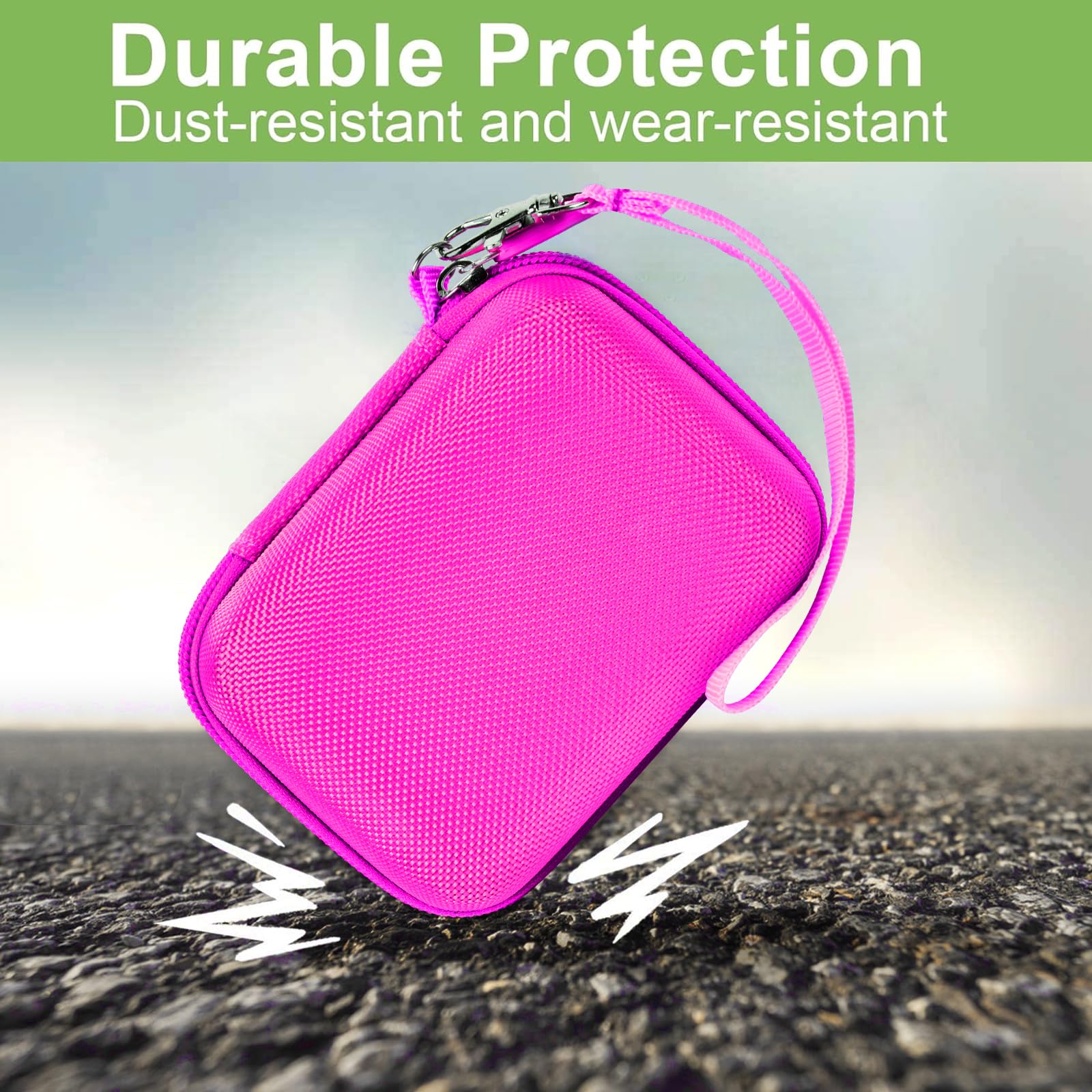 Magenta protective digital camera case dust- and wear-resistant protection demonstration