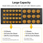 Black coin collection album showing capacity for 300 coins in multiple pocket sizes