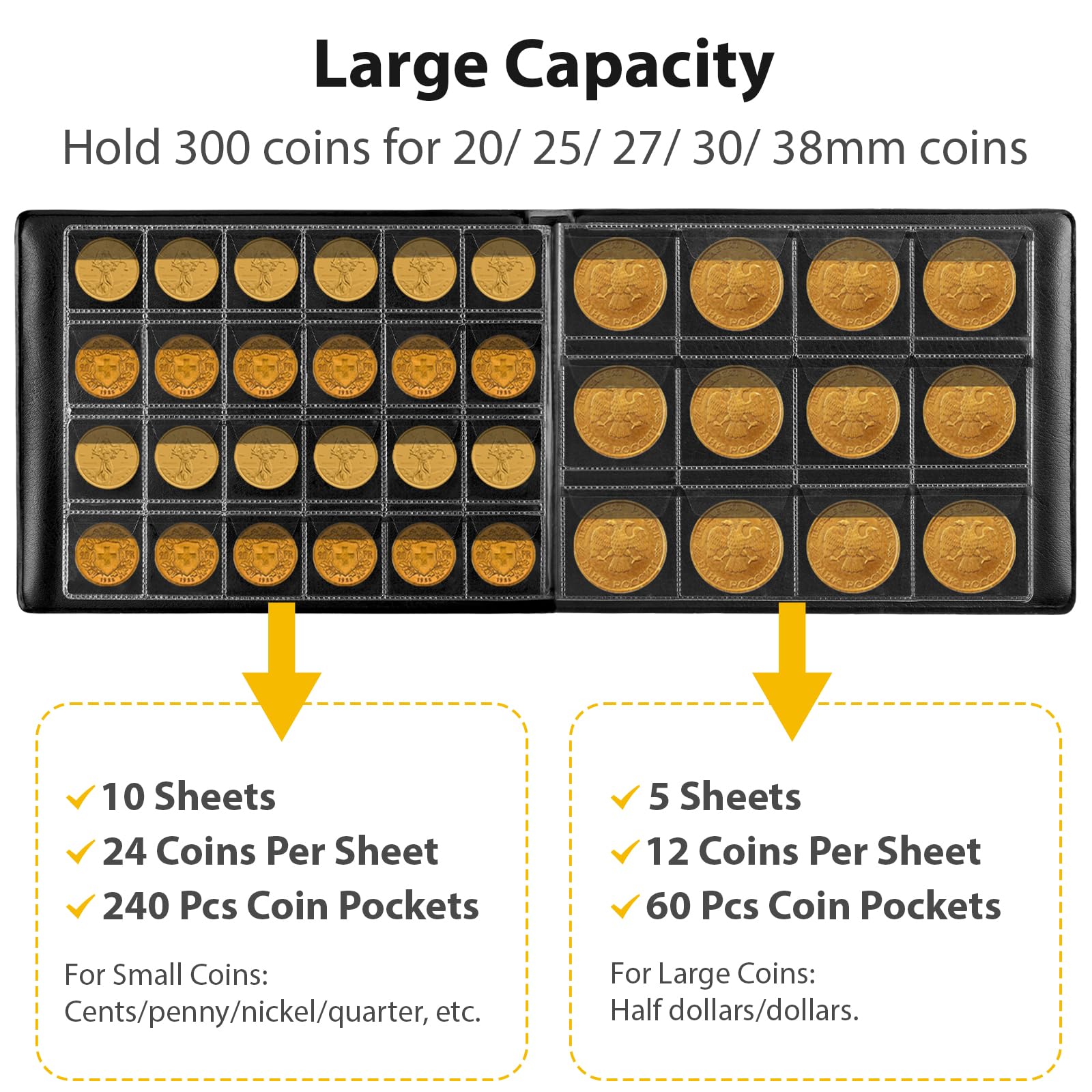 Black coin collection album showing capacity for 300 coins in multiple pocket sizes