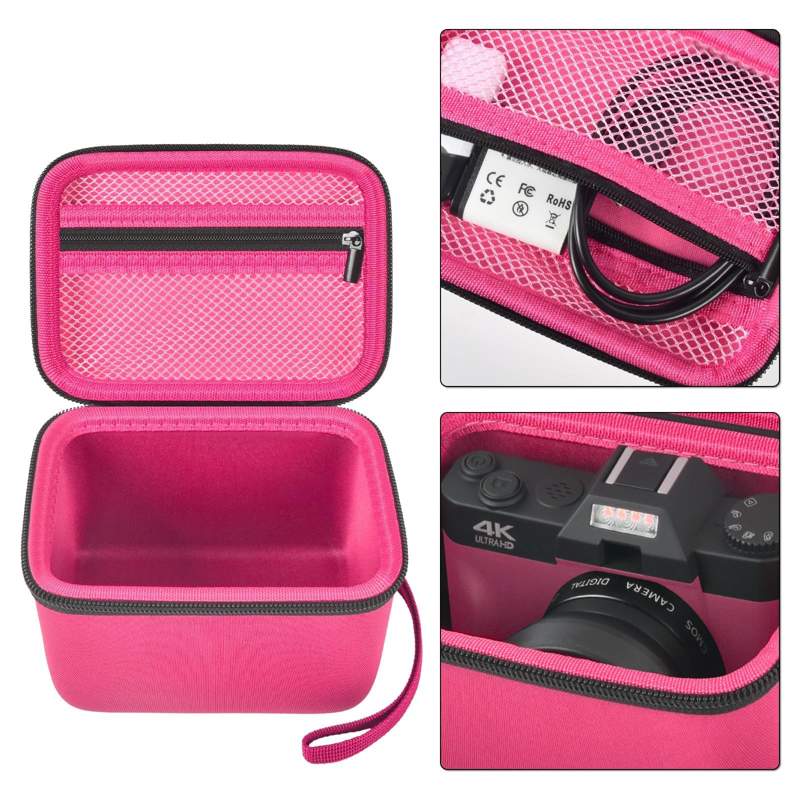 Hot pink camera organizer interior with mesh accessory pocket and padded divider