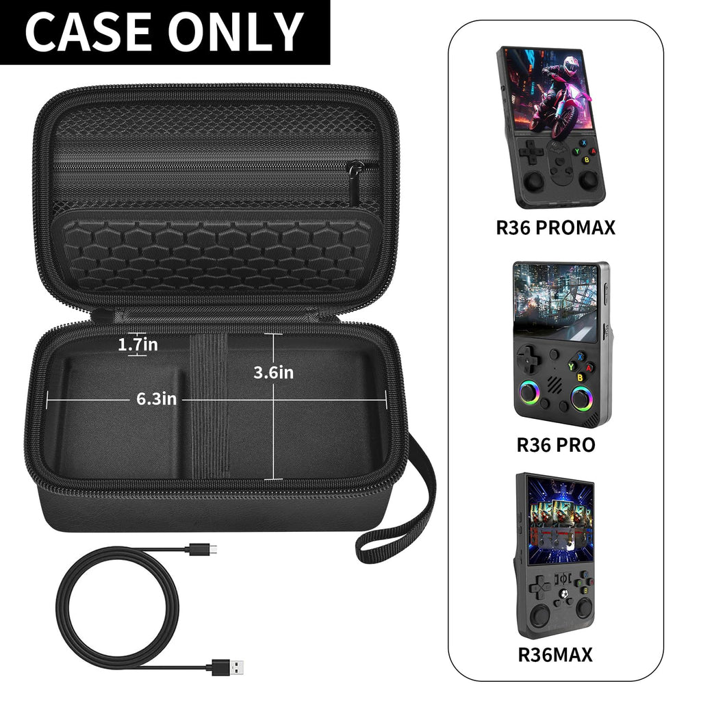 Black retro handheld console carrying case for R36MAX and R36 PRO open interior dimensions and compatible console overview