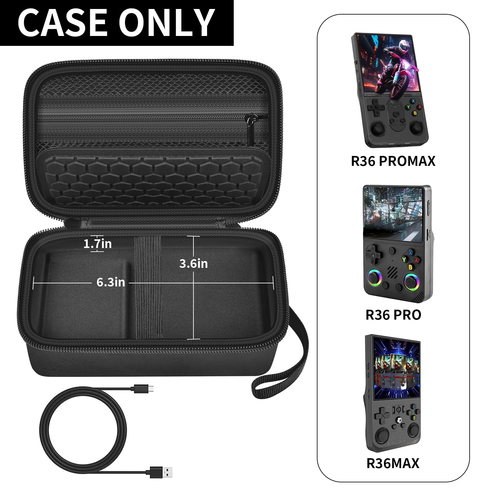 Black retro handheld console carrying case for R36MAX and R36 PRO open interior dimensions and compatible console overview