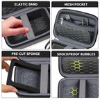 Gray camera case with shockproof PU shell, splash resistance, and strong zipper
