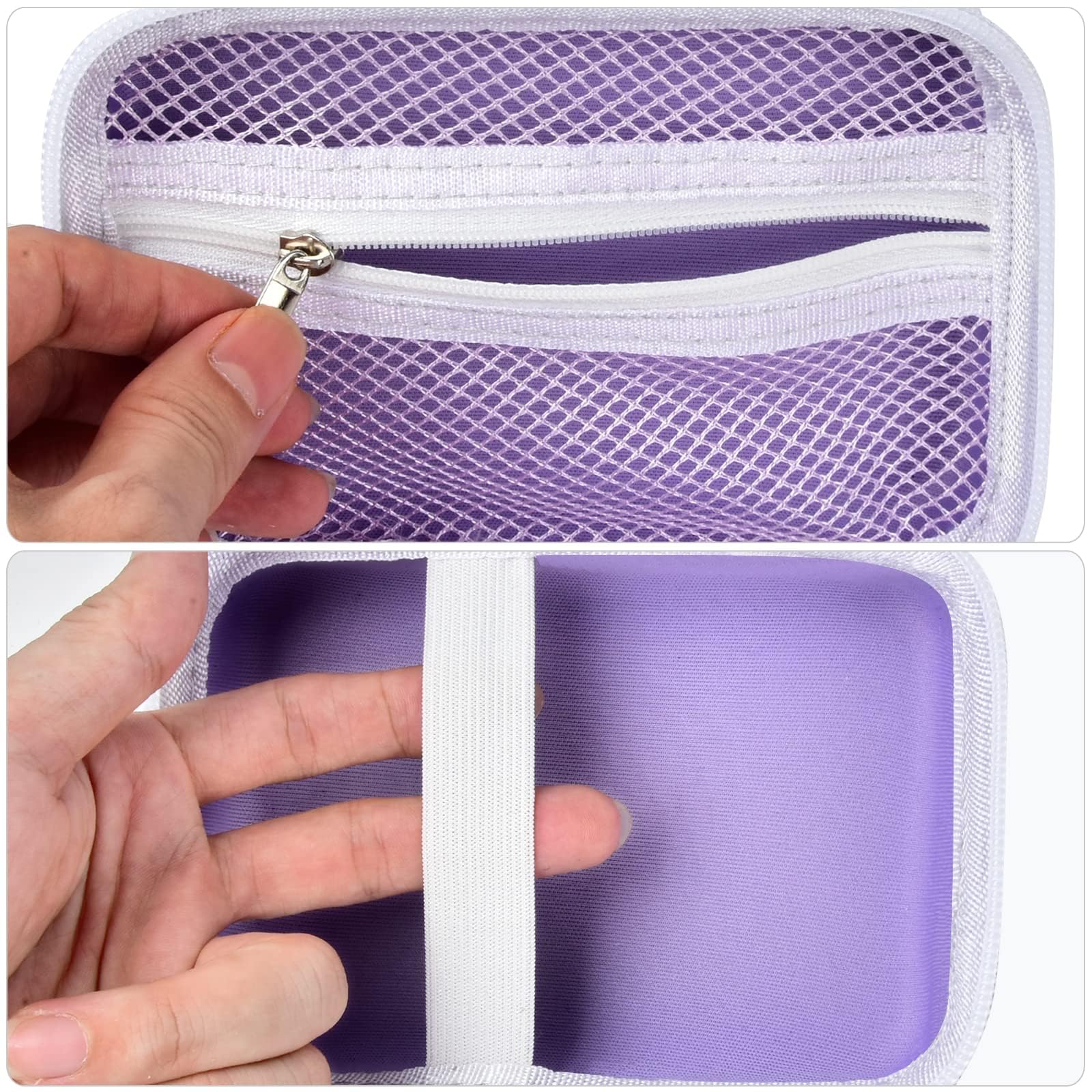 Purple case interior with elastic printer strap and mesh accessory pocket