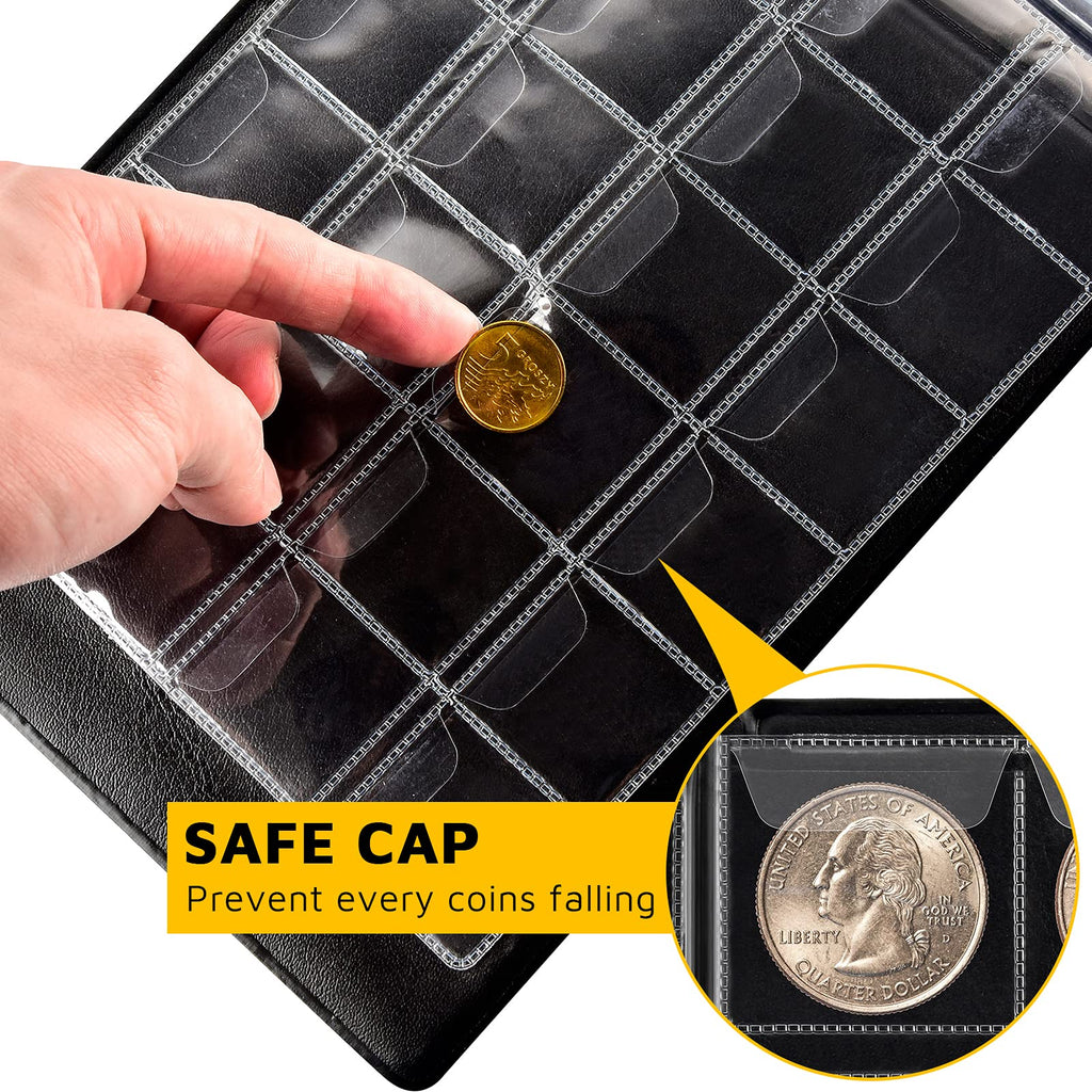 Protective pocket flap securing a coin inside the collection album