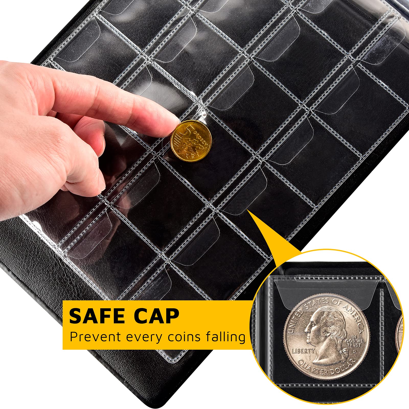 Protective pocket flap securing a coin inside the collection album
