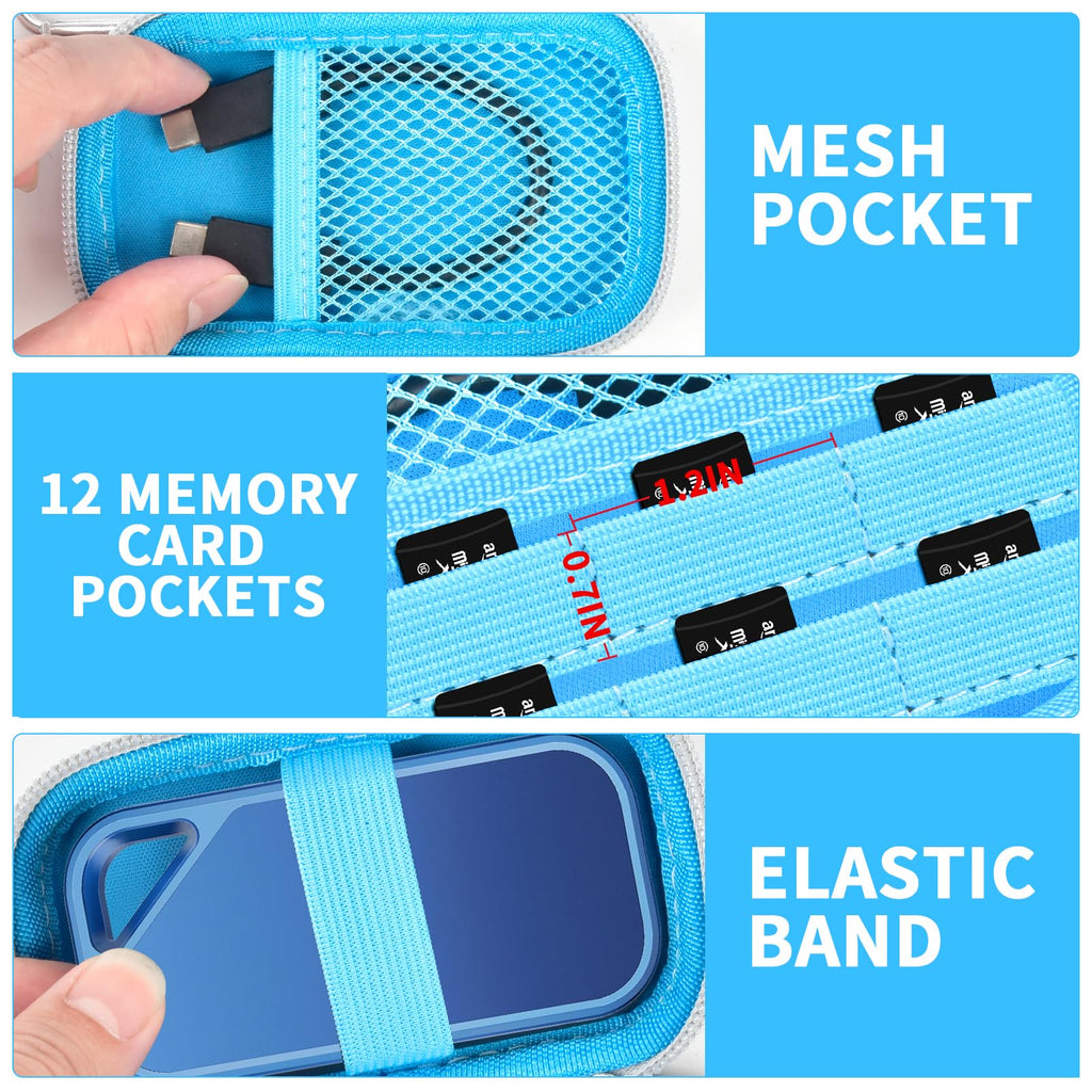 Blue SSD case interior organizing a portable drive, cable, and memory cards