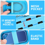 Blue SSD case interior organizing a portable drive, cable, and memory cards