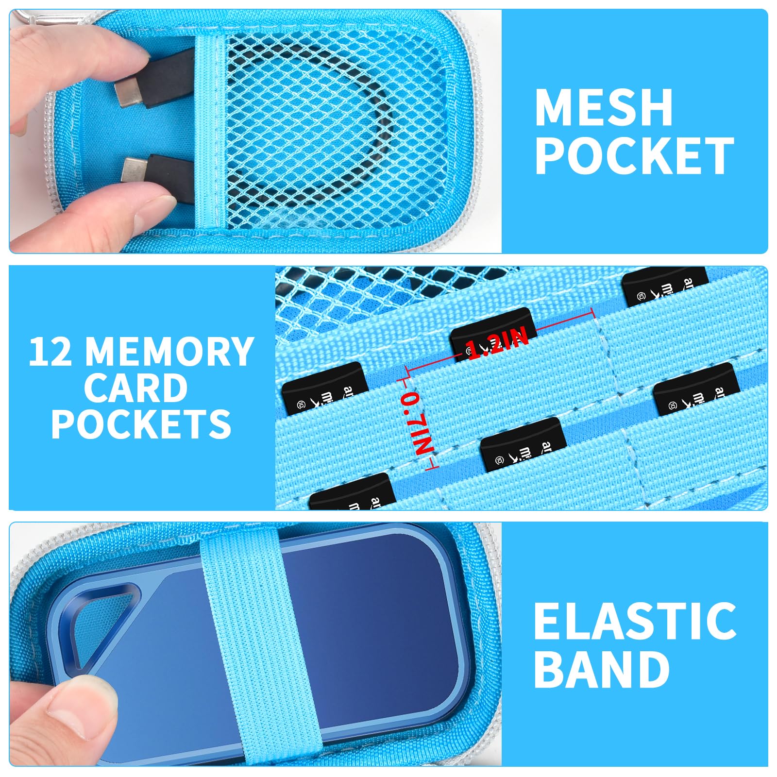 Blue SSD case interior organizing a portable drive, cable, and memory cards