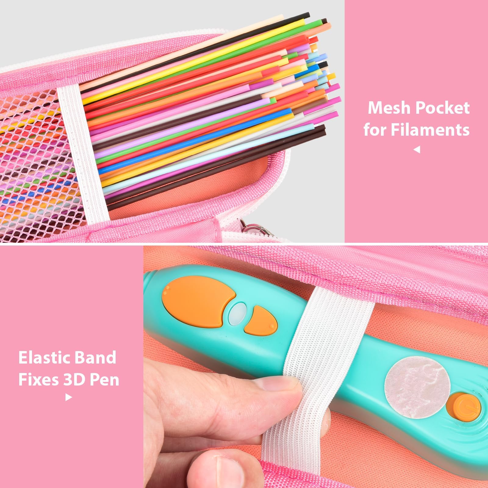 Pink case interior with mesh filament pocket and elastic strap securing the 3D pen