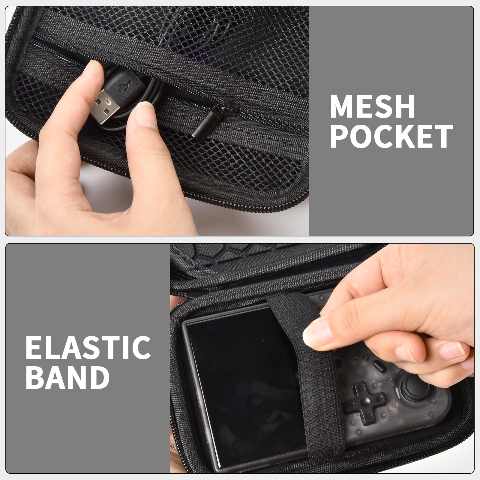 Black retro handheld console carrying case mesh cable pocket and elastic console strap interior