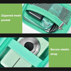 Mint green protective digital camera case zippered mesh pocket and elastic camera strap interior