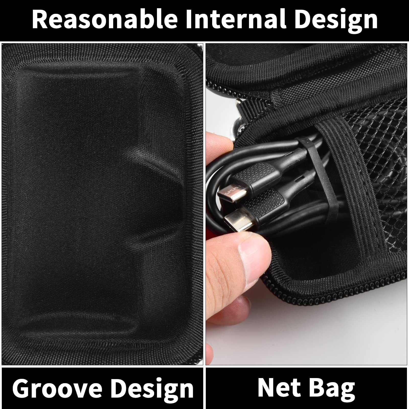 Black charger case interior with molded groove and mesh cable pocket