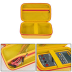 Yellow and red multimeter case interior with mesh pocket and padded divided compartment