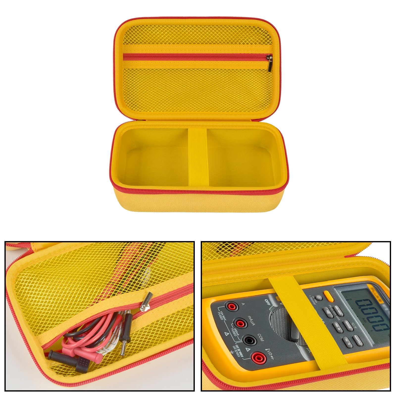 Yellow and red multimeter case interior with mesh pocket and padded divided compartment