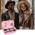 Singers using wireless microphones beside the open pink carrying case