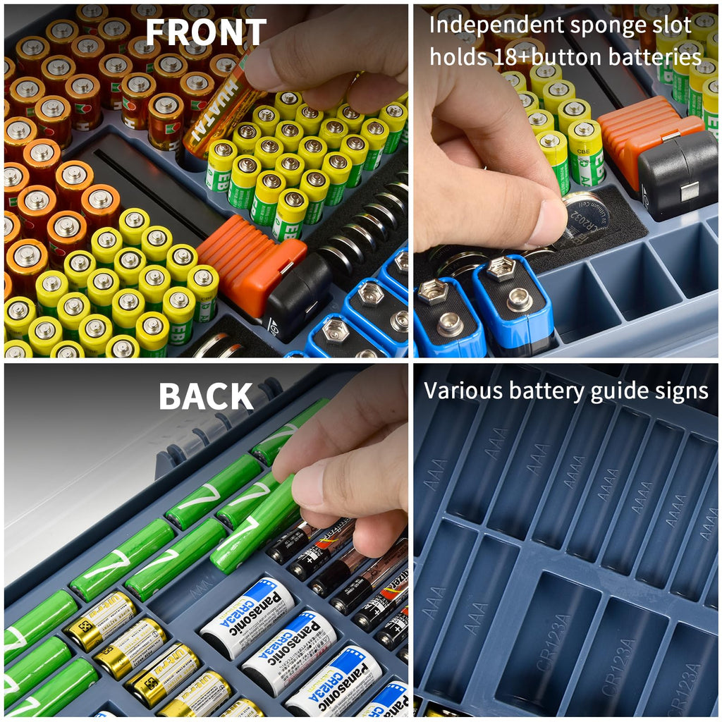 Navy blue 269-slot battery organizer case front and back battery compartments and button-cell slots
