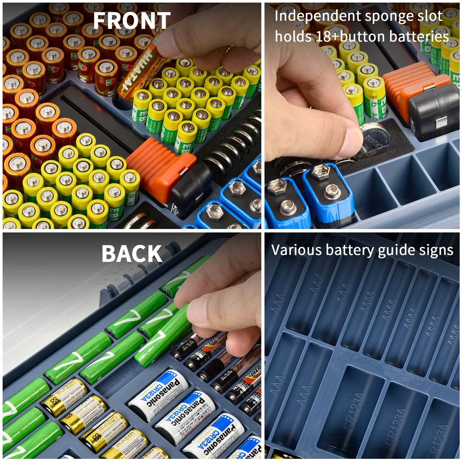 Navy blue 269-slot battery organizer case front and back battery compartments and button-cell slots