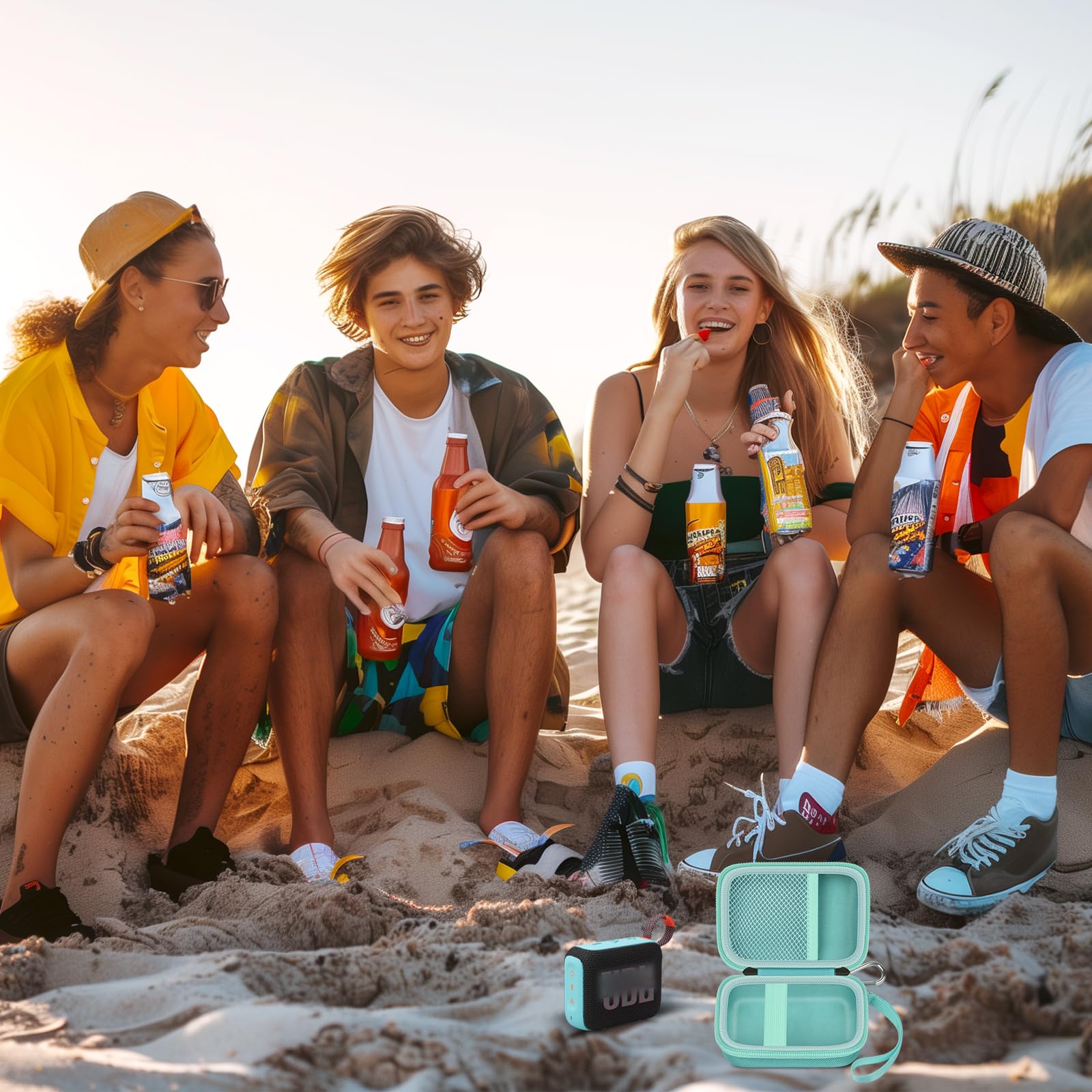Friends using a JBL Go speaker with the open mint green travel case at the beach